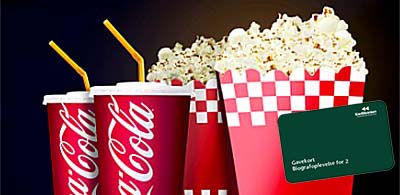 Billede som beskriver en biografoplevelse for 2 - biografbilletter, popcorn og sodavand