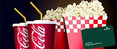 Billede som beskriver en biografoplevelse for 2 - biografbilletter, popcorn og sodavand